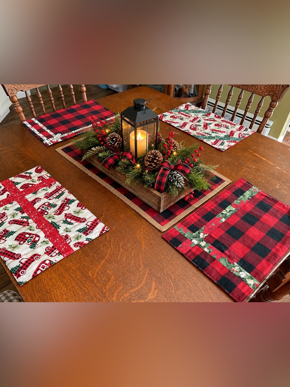Handmade Quilted Cozy Red Truck & Buffalo Check Holiday Placemats - Set of 4